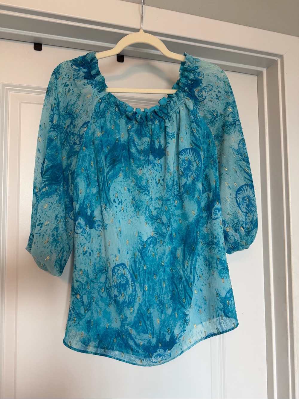 White House Black Market XL Blue Nautilus Metallic Chiffon Blouse